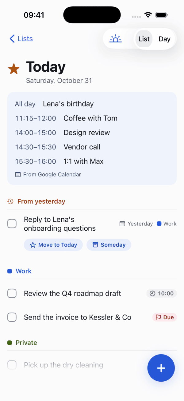 Dayslot's Today screen on iPhone: two meetings at the top, then to-dos grouped by list.